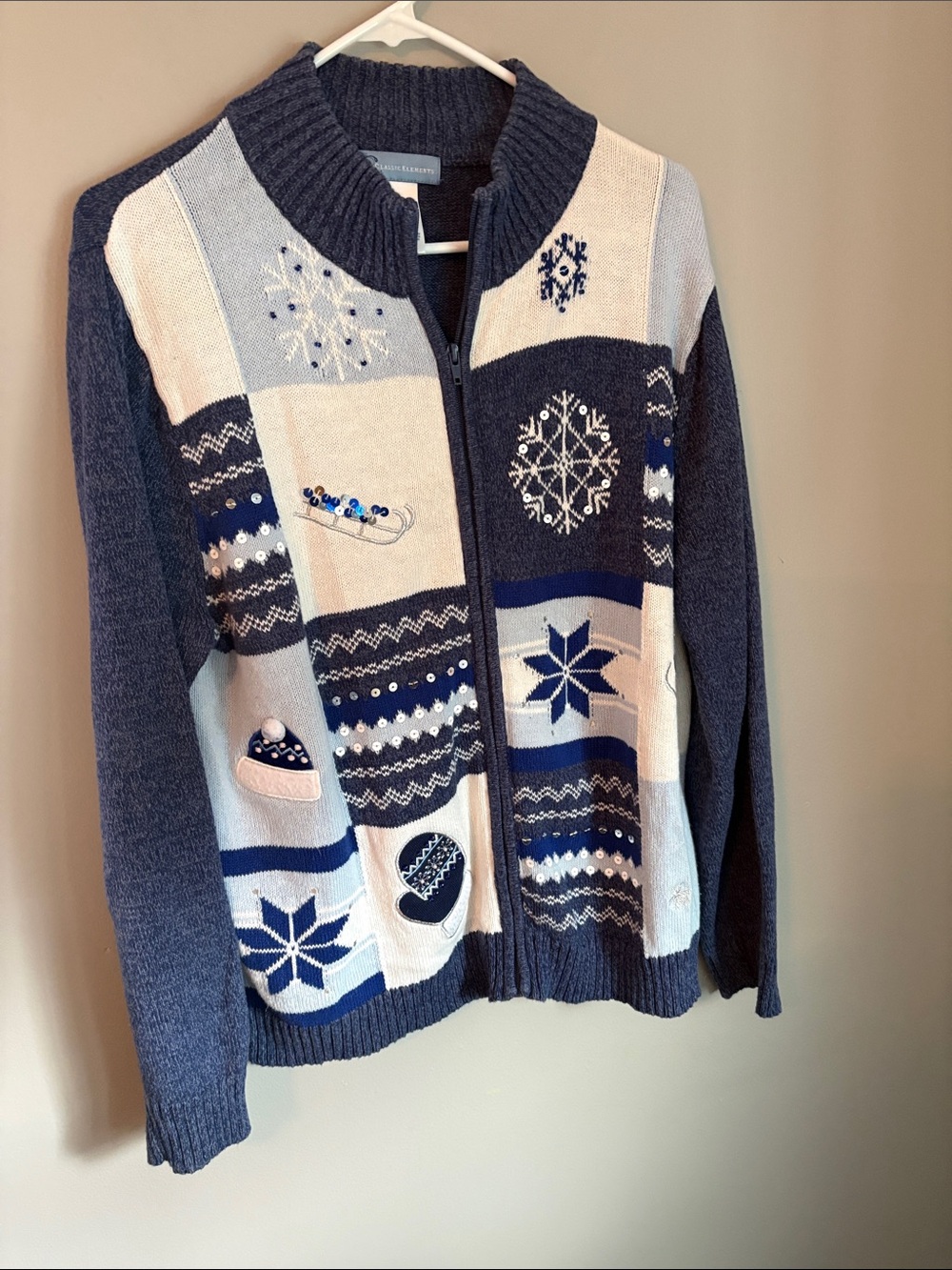 Cozy Snowflake Zip-Front Women's Sweater - Navy & Cream Sequin size XL Holiday